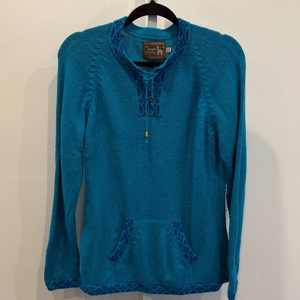 Alpaca Connection Blue Women's Size CL Crew Neck Sweater Trim Alpaca Pocket